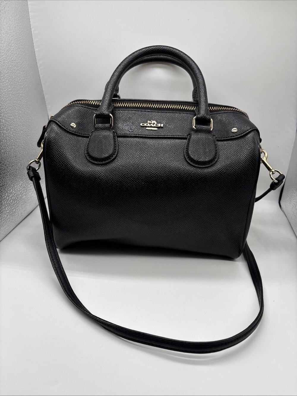 COACH F57521 Mini Bennett Satchel Black Crossgrain Leather Crossbody Handbag